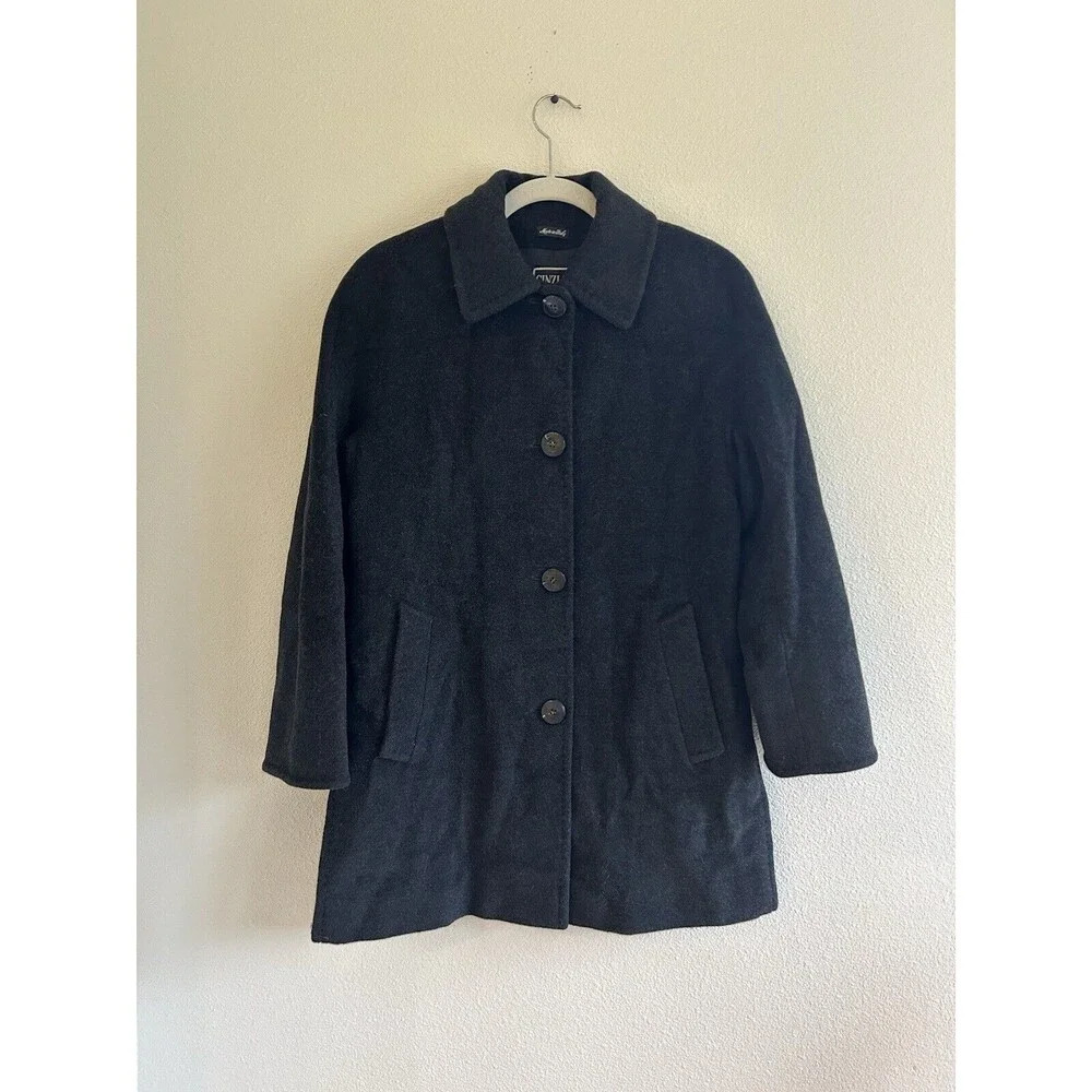 Vintage Cinzia Rocca 100% Wool Collared Black Pea Coat 4